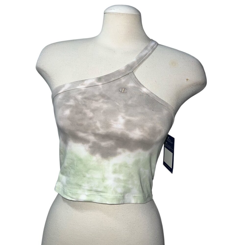 Champion Tie Dye One Shoulder Cropped Casual Top Sz Medium Womens Green & Brown